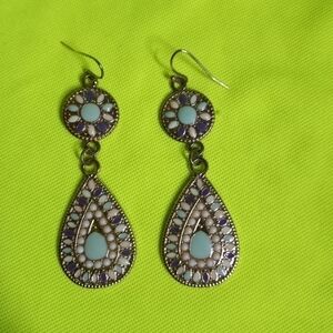 Multi color dangle wire teardrop enamel goldtone earrings